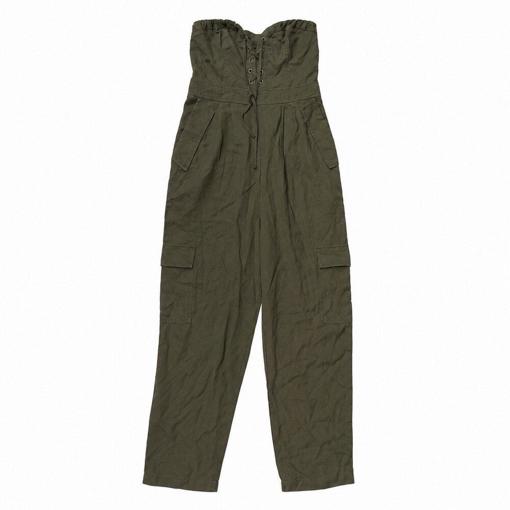 Express Women’s Strapless Lace-Up Cargo Jumpsuit Olive Size 0 NWT - Picture 2 of 7